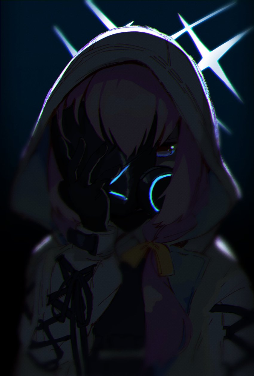 1girl, atsuko_(blue_archive), backlighting, blue_archive, dark, darkness, gas_mask, hair_between_eyes, halo, hand_on_own_face, highres, hood, hooded_jacket, jacket, long_sleeves, mask, one_eye_covered, sena_yuuta, solo, white_jacket