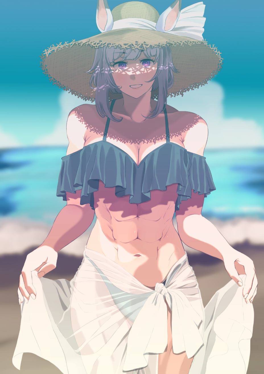 1girl, abs, animal_ears, bare_shoulders, beach, bikini, blurry, blurry_background, borrowed_character, breasts, cleavage, commentary_request, cowboy_shot, depth_of_field, ears_through_headwear, frilled_bikini, frills, genderswap, genderswap_(mtf), green_bikini, hat, hat_ribbon, highres, horse_ears, horse_girl, kumabachi315, looking_at_viewer, medium_hair, mejiro_titan_(racehorse), muscular, muscular_female, navel, ocean, original, purple_eyes, purple_hair, ribbon, sarong, see-through_clothes, sidelocks, solo, straw_hat, sun_hat, swimsuit, umamusume, white_ribbon