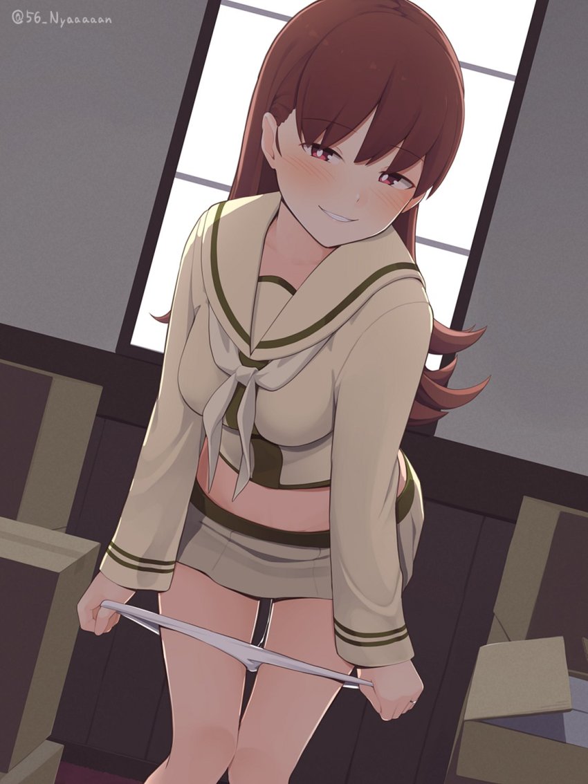 1girl, befu, blush, brown_eyes, brown_hair, feet_out_of_frame, highres, kantai_collection