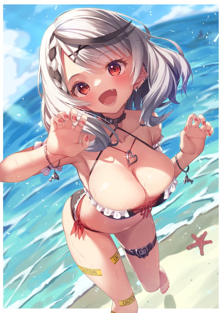 1girl, :d, amanuki-san, bare_shoulders, beach, bikini, black_collar, blue_sky