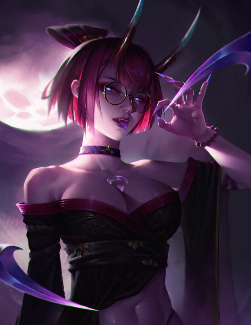 1girl, bare_shoulders, bead_bracelet, beads, blood_moon_(league_of_legends), blood_moon_evelynn, bracelet, breasts, collarbone, detached_sleeves, evelynn_(league_of_legends), gesture, glasses, hair_ornament, highres, horns, jewelry, large_breasts, league_of_legends, looking_at_viewer, moon, nail_polish, navel, off_shoulder, outdoors, pink_eyes, pink_nails, red_hair, red_horns, round_eyewear, shen_fan, short_hair, solo, tongue, tongue_out