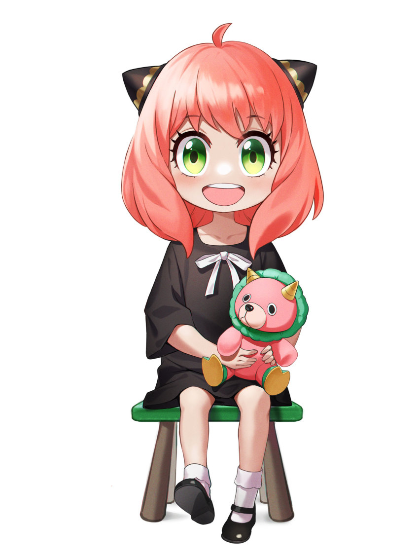 1girl, :d, ahoge, anya_(spy_x_family), baby_doll_socks, black_dress, black_footwear, chair