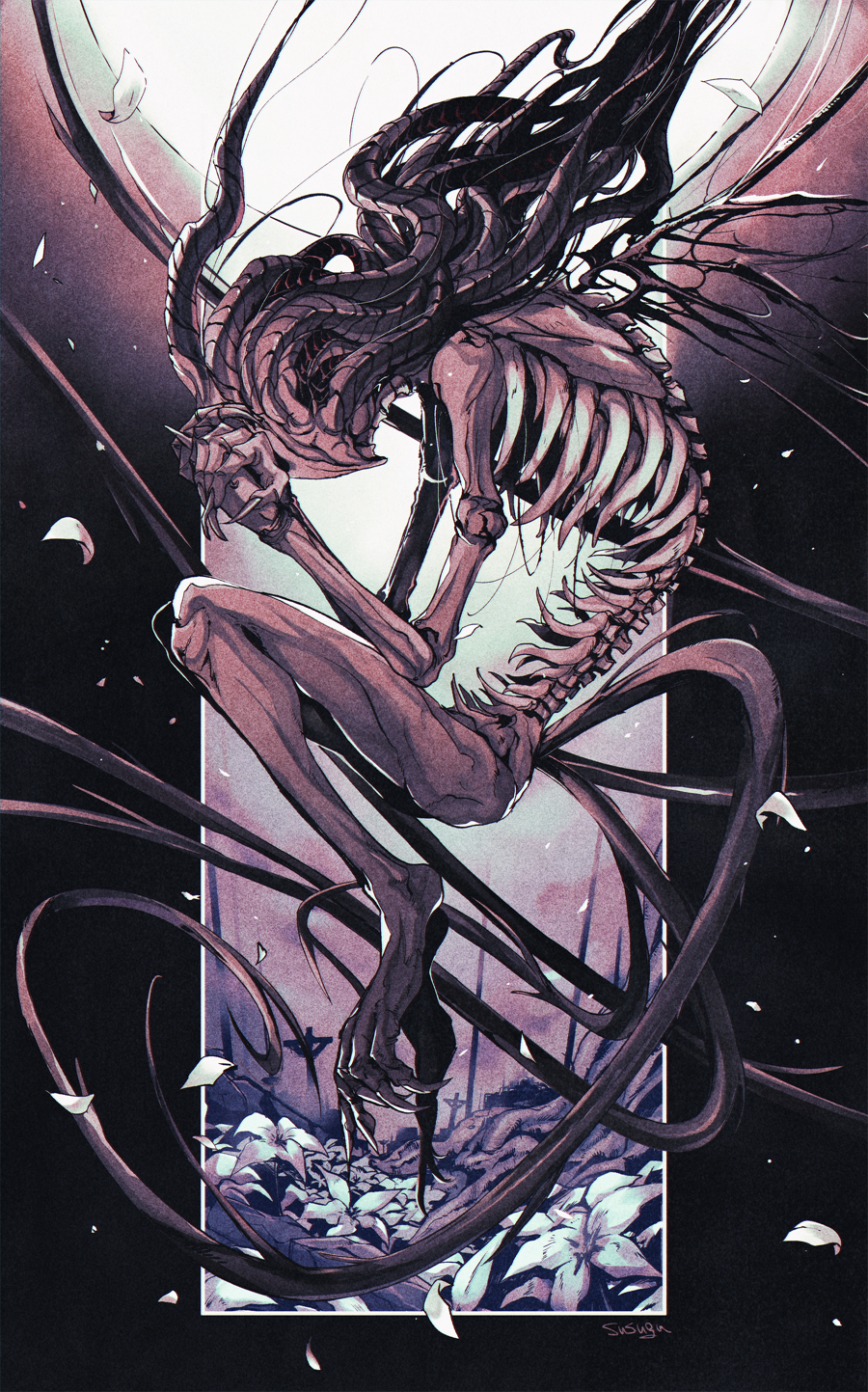 asa02, bloodborne, claws, cross, eldritch_abomination, extra_tails, fetal_position, film_grain, fingernails, floating, flower, highres, long_hair, mini_wings, monster, moon, moon_presence_(bloodborne), own_hands_together, petals, ribs, sharp_fingernails, sharp_toenails, signature, solo, spine, tail, tentacle_hair, toenails, very_long_hair, white_flower, wings