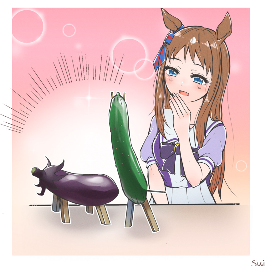 1girl, animal_ears, blue_eyes, bow, bowtie, brown_hair, ear_ribbon, emphasis_lines