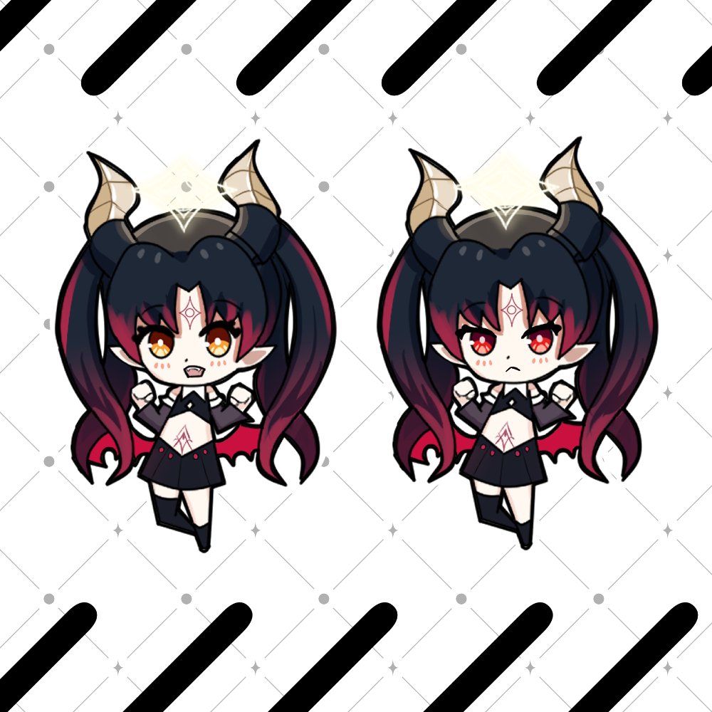 1girl, asymmetrical_legwear, black_hair, chibi, commission, demon_girl, demon_horns, demon_wings