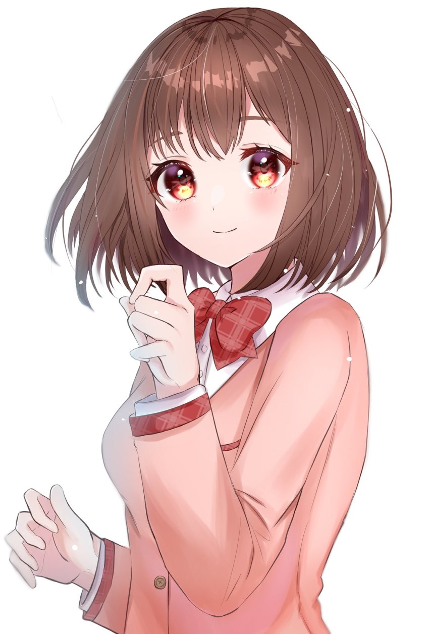 1girl, blush, bow, bowtie, brown_hair, floating_hair, highres, jacket