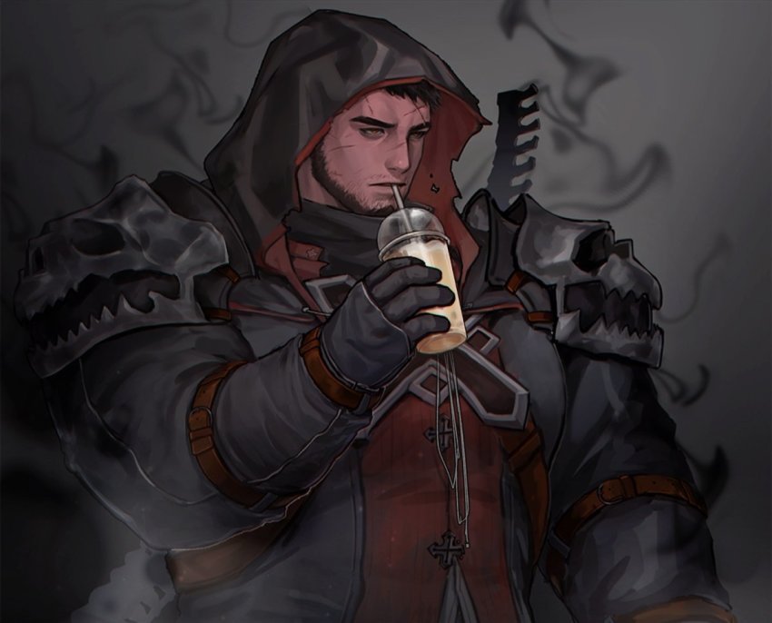 1boy, avenger_(dungeon_and_fighter), bad_id, bad_twitter_id, bara, beard, black_hair, cross