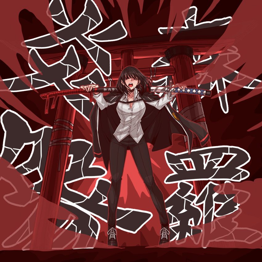 1girl, absurdres, b2k, bandages, black_footwear, black_hair, black_jacket, bright_pupils