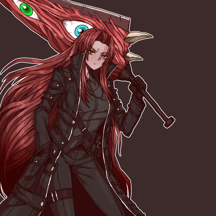 1girl, absurdres, b2k, black_coat, black_gloves, blue_eyes, bright_pupils, brown_background