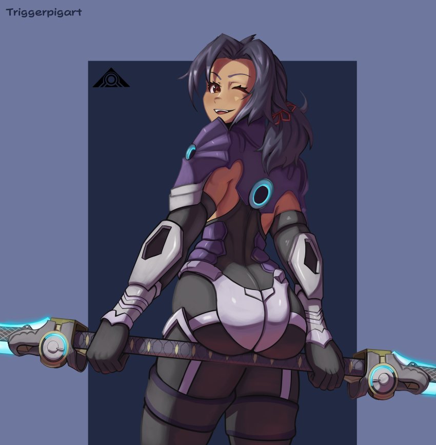 1girl, absurdres, ashera_(xenoblade), ass, ass_support, black_hair, bodysuit, brown_eyes