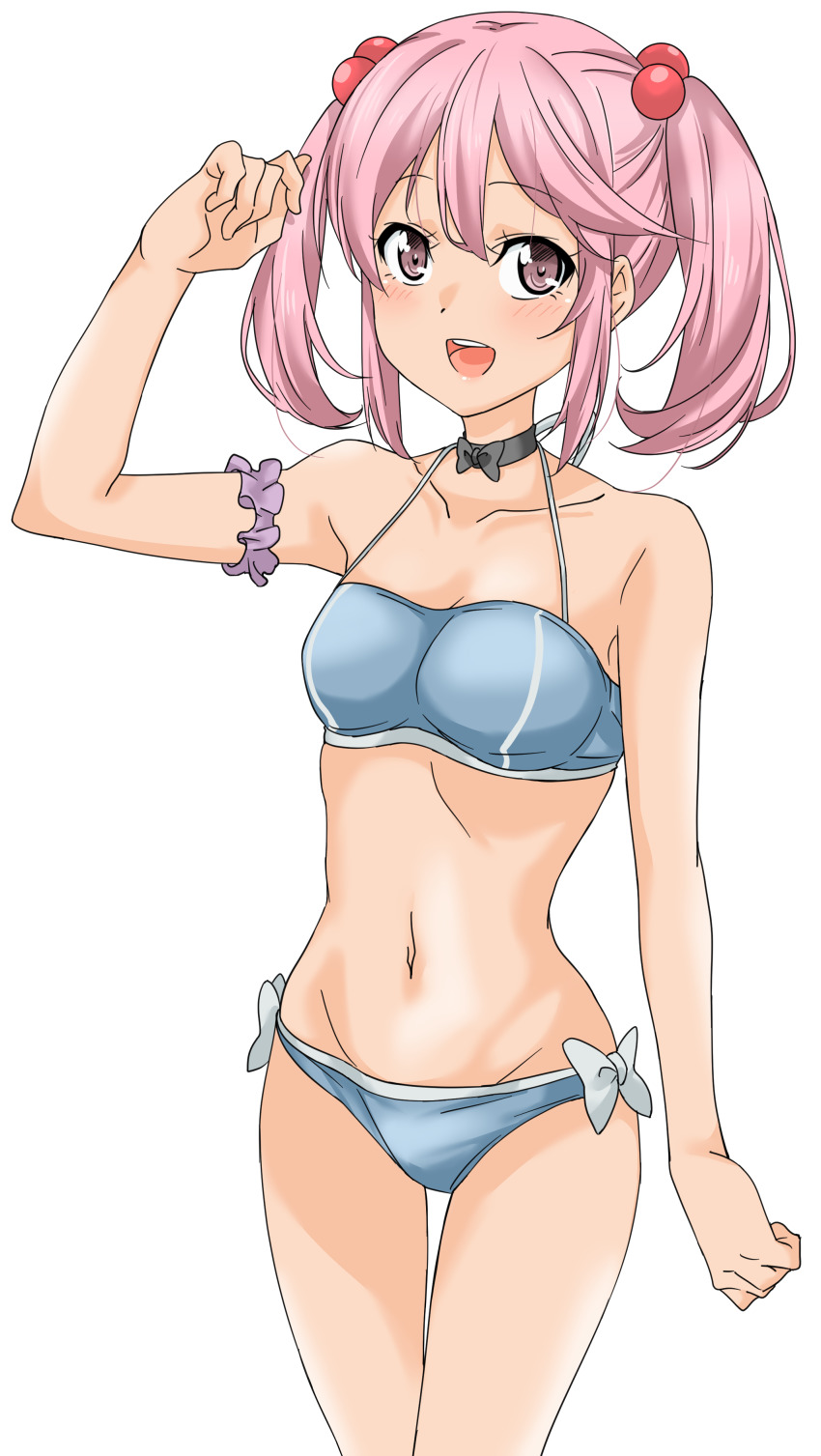 1girl, absurdres, armband, bikini, black_bow, black_bowtie, black_choker, blue_bikini