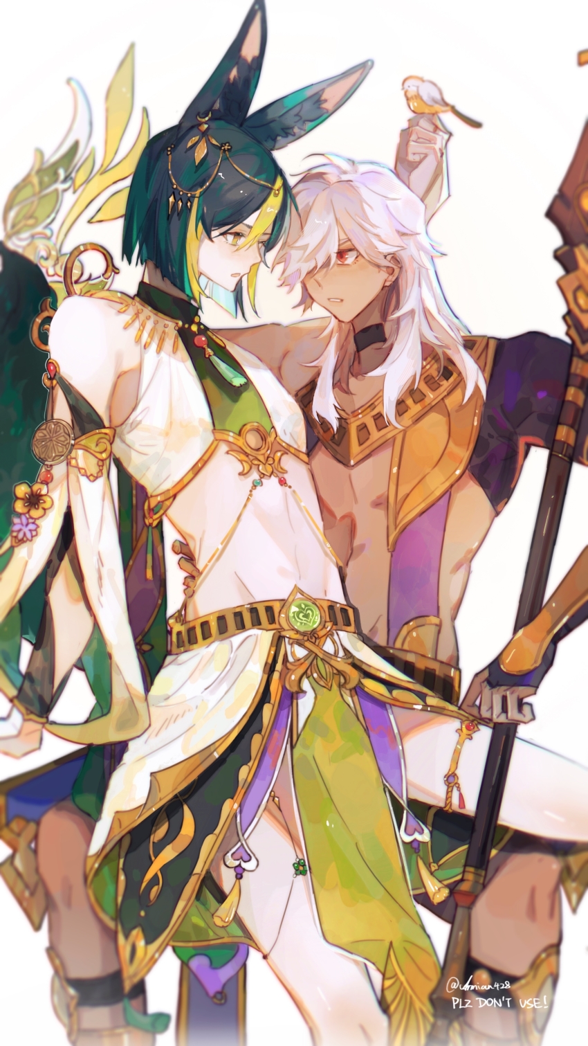 2boys, absurdres, alternate_costume, animal_ear_fluff, animal_ears, animal_hood, arabian_clothes, armian, black_hair, blunt_ends, cape, cyno_(genshin_impact), dark-skinned_male, dark_skin, fox_boy, fox_ears, fox_tail, genshin_impact, gradient_hair, green_eyes, green_hair, green_tail, grey_hair, hair_between_eyes, hair_over_one_eye, harem_outfit, headpiece, highres, hood, jackal_ears, long_hair, male_focus, multicolored_hair, multiple_boys, short_hair, streaked_hair, tail, tan, tighnari_(genshin_impact), white_hair, yaoi