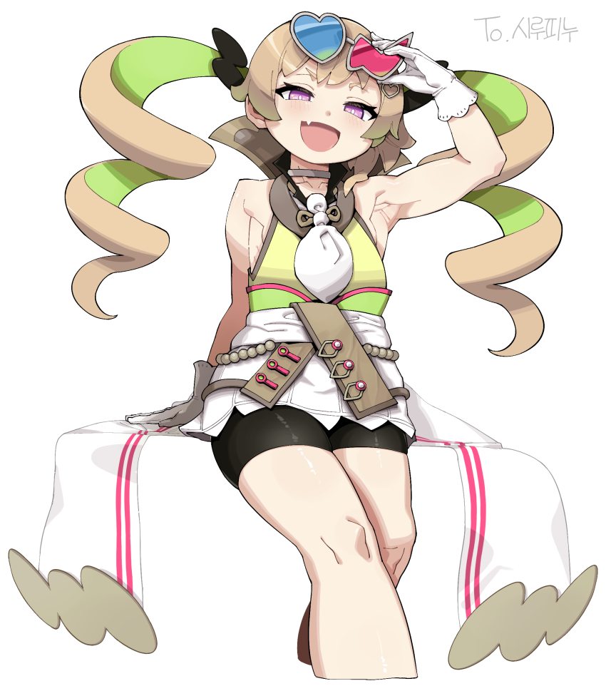 1girl, absurdres, adjusting_eyewear, armpits, blonde_hair, breasts, clothes_around_waist, commission