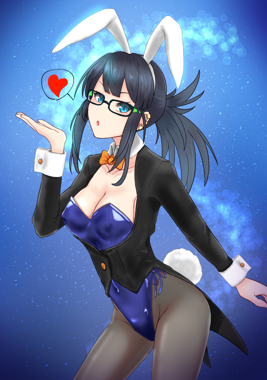 1girl, animal_ears, black_jacket, blowing_kiss, blue_background, blue_eyes, blue_leotard, bow