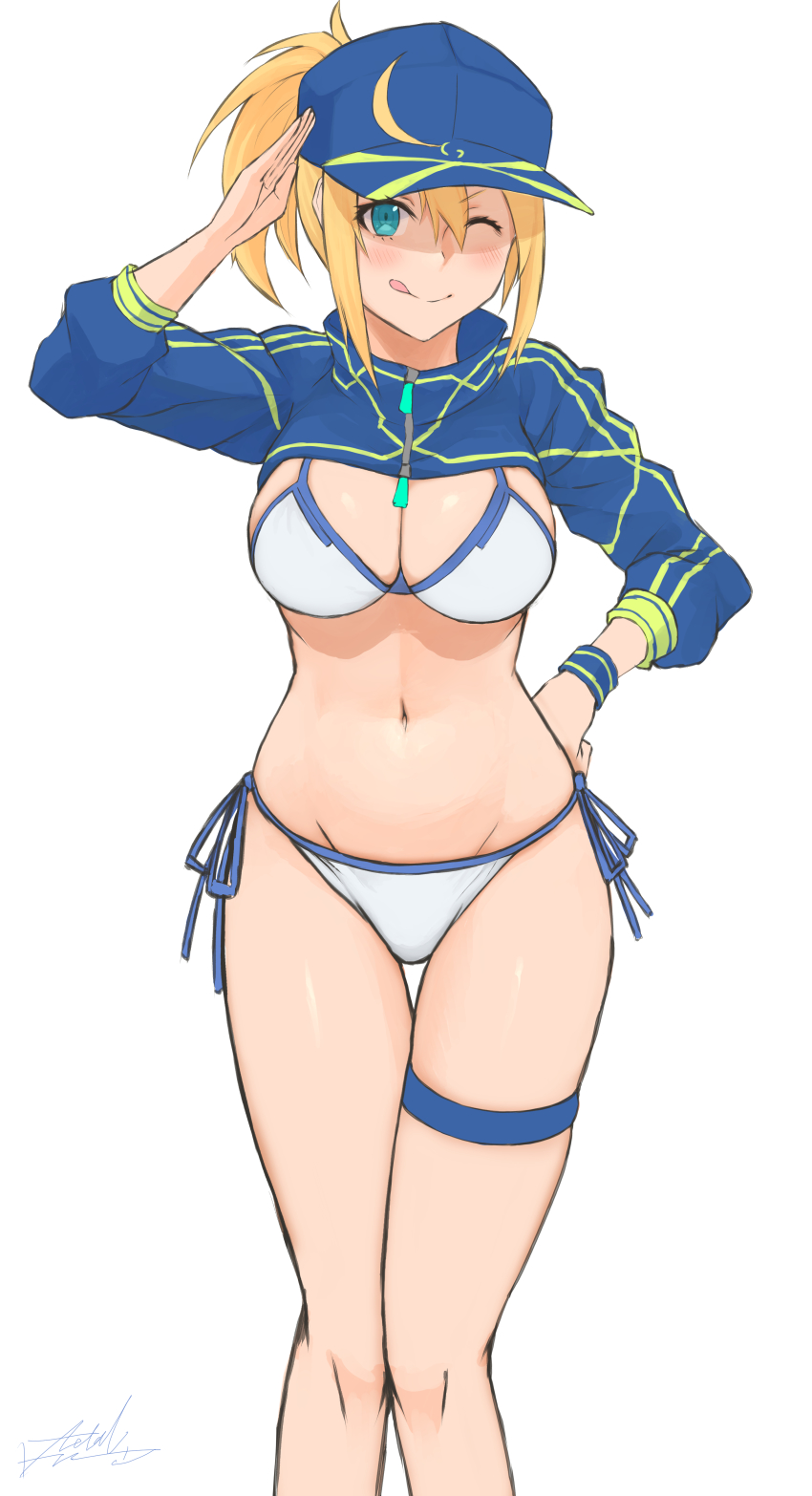 1girl, absurdres, ahoge, aqua_eyes, artoria_pendragon_(fate), baseball_cap, bikini, blonde_hair, blue_hat, blue_jacket, breasts, cropped_jacket, fate/grand_order, fate_(series), hair_between_eyes, hair_through_headwear, hat, highres, jacket, large_breasts, metalfrog, mysterious_heroine_x_(fate), mysterious_heroine_xx_(fate), navel, one_eye_closed, ponytail, salute, shrug_(clothing), side-tie_bikini_bottom, solo, standing, swimsuit, thigh_strap, white_bikini