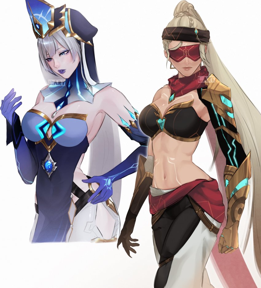 2girls, absurdres, armor, armpits, artist_name, blindfold_mask, blue_eyes, blue_headwear, blue_lips, body_markings, braid, breasts, character_request, cleavage, closed_mouth, clothing_cutout, delusion_(genshin_impact), elbow_gloves, eremite_(faction), eremite_galehunter_(genshin_impact), eye_mask, genshin_impact, gloves, headband, highres, hip_vent, lart_art1, long_hair, makeup, mask, mirror_maiden_(genshin_impact), multiple_girls, navel, pants, parted_lips, ponytail, standing, stomach, white_pants