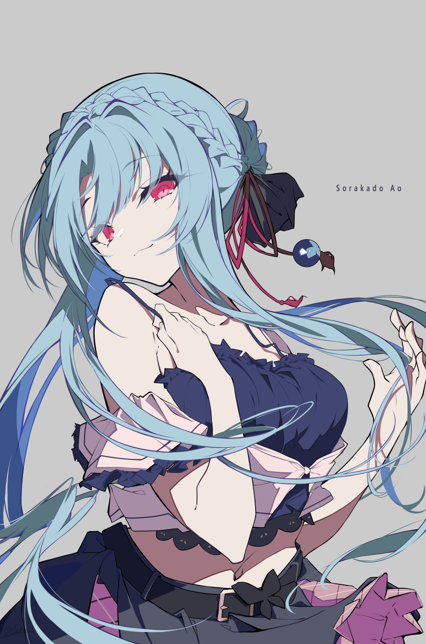 1girl, absurdres, aqua_hair, breasts, closed_mouth, grey_background, hair_ornament, haku89, highres, key_(company), long_hair, looking_at_viewer, mochizuki_kei_(style), navel, red_eyes, simple_background, skirt, solo, sorakado_ao, summer_pockets