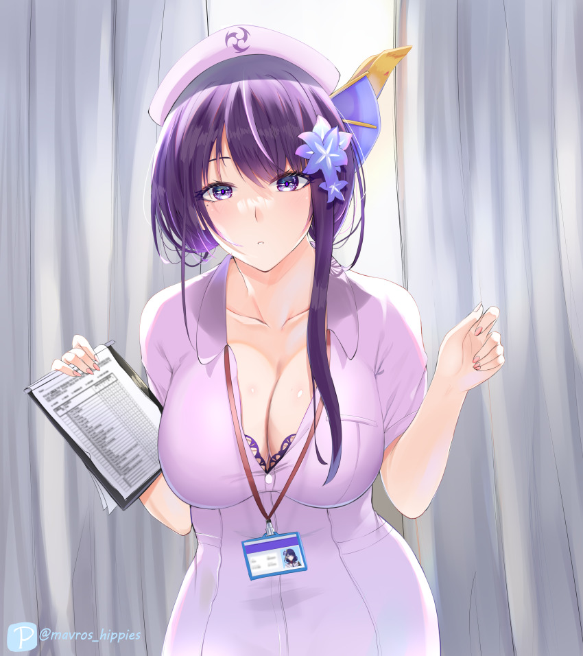 1girl, absurdres, alternate_costume, beret, breasts, cleavage, clipboard, commentary, curtains, dress, flower, genshin_impact, hair_flower, hair_ornament, hands_up, hat, highres, holding, lanyard, large_breasts, long_hair, looking_at_viewer, mavros, nurse, nurse_cap, purple_dress, purple_eyes, purple_flower, purple_hair, purple_hat, raiden_shogun, short_sleeves, solo, upper_body