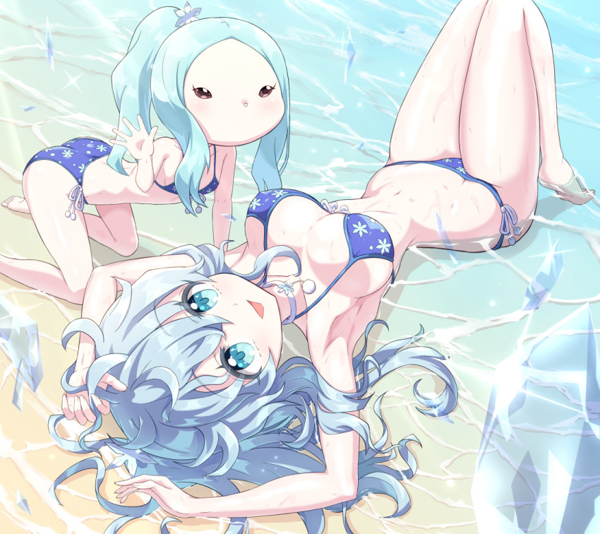 2girls, all_fours, animal_nose, ass, beach, bikini, black_eyes, blue_bikini, blue_eyes, blue_hair, blush, breasts, choker, cleavage, hair_ornament, jashin-chan_dropkick, kouji_(jashin-chan_dropkick), large_breasts, long_hair, looking_at_viewer, lying, multiple_girls, mumyou_ishi, navel, no_mouth, on_back, open_mouth, ponytail, side-tie_bikini_bottom, small_breasts, smile, snowflake_hair_ornament, snowflake_print, swimsuit, thighs, white_choker, yusa_(jashin-chan_dropkick)