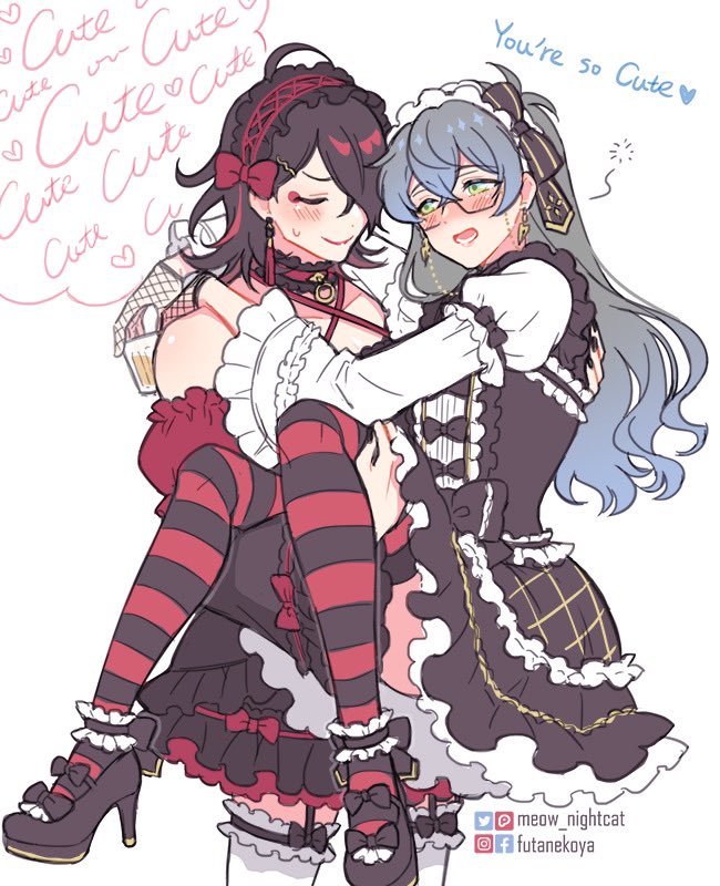 2boys, :d, alcohol, artist_name, black_dress, black_hair, black_nails, black_thighhighs