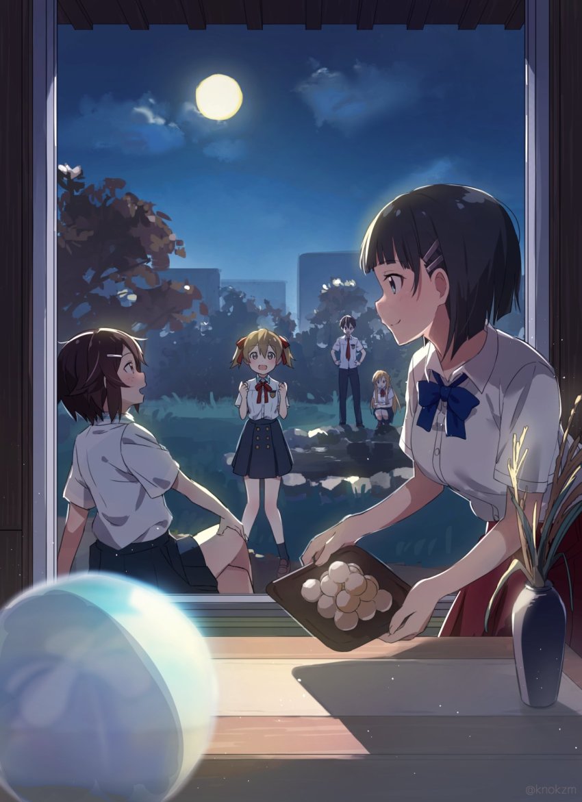 1boy, 4girls, architecture, asuna_(sao), black_hair, blush, closed_mouth, dango, east_asian_architecture, food, full_moon, hair_ornament, hairclip, highres, kirigaya_suguha, kirito, knokzm, lisbeth_(sao), looking_at_another, miniskirt, moon, multiple_girls, night, school_uniform, short_hair, silica, skirt, sky, smile, susuki_grass, sword_art_online, tsukimi, tsukimi_dango, wagashi, white_skirt