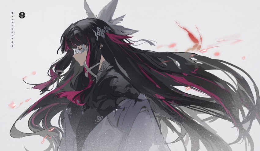 1girl, black_hair, closed_eyes, closed_mouth, coat, columbina_(genshin_impact), eye_mask, fatui_coat, fur-trimmed_coat, fur_trim, genshin_impact, hair_ornament, hair_spread_out, head_wings, highres, long_hair, mask, multicolored_hair, pink_hair, red_hair, ribbon, solo, streaked_hair, two-tone_hair, vidoakdame, white_mask, wings