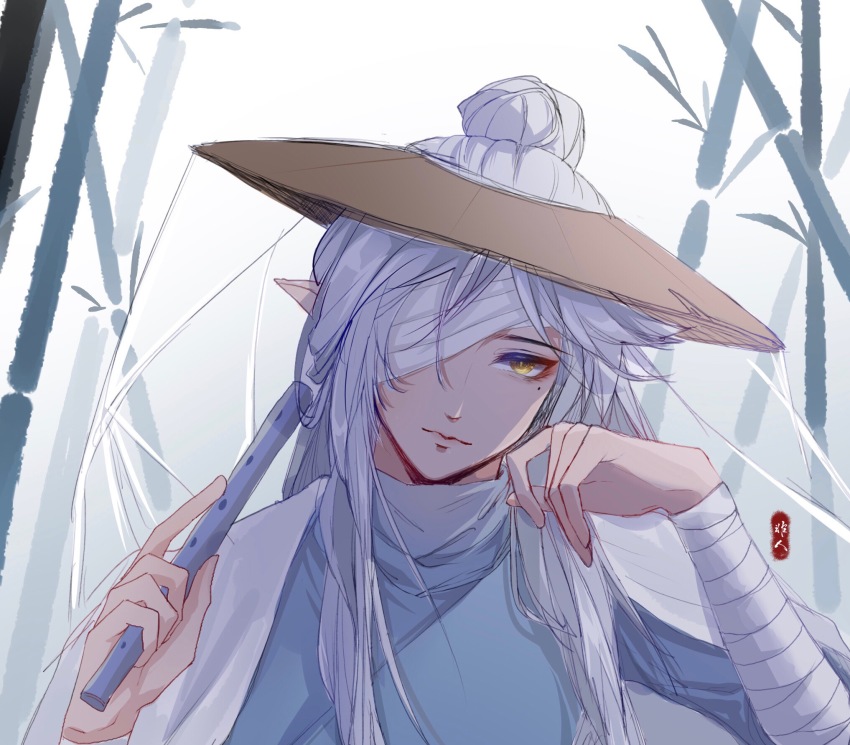 1boy, bamboo, bandage_over_one_eye, bandaged_arm, bandages, bishounen, blurry, depth_of_field