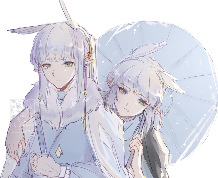 2boys, bai_xiao, bishounen, earrings, fr001104, grey_hair, highres, holding
