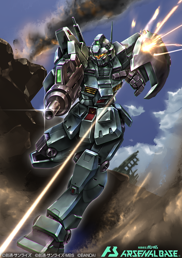 cloud, copyright_name, gm_custom, gomibako_(shirokumatei), gun, gundam, gundam_0083, gundam_arsenal_base