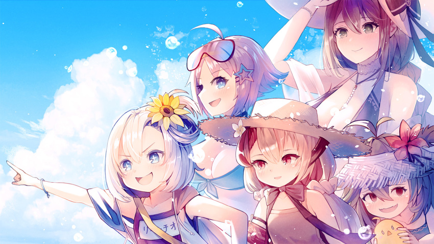 5girls, ahoge, antenna_hair, aquila_(azur_lane), aquila_(sardegnian_shallows_and_sunshine)_(azur_lane), azur_lane, blue_eyes, blue_sky