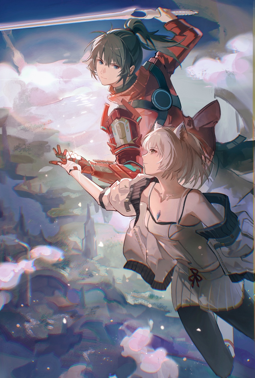 1boy, 1girl, absurdres, animal_ear_fluff, animal_ears, bare_shoulders, black_hair, blue_eyes