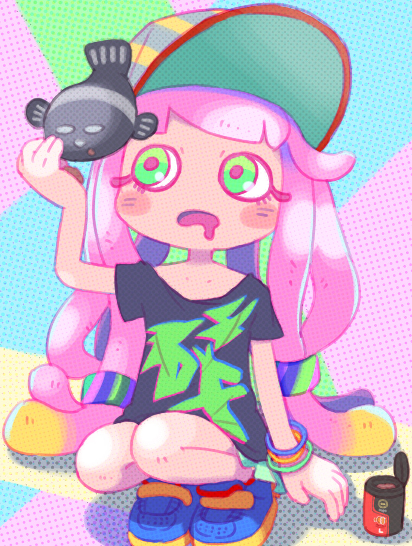 1girl, aqua_skirt, arm_up, black_shirt, blonde_hair, blue_shoes, bracelet, clownfish, colored_eyelashes, drooling, feeding, fish, fish_food, green_eyes, harmony's_clownfish_(splatoon), harmony_(splatoon), hat, highres, ikaheigen, jewelry, long_hair, miniskirt, multicolored_hair, multicolored_hat, nintendo, no_eyebrows, no_nose, open_mouth, oversized_clothes, oversized_shirt, pink_hair, pleated_skirt, sea_anemone, shadow, shirt, shoes, short_sleeves, sideways_hat, skirt, splatoon_(series), splatoon_3, squatting, striped_clothes, striped_headwear, tentacle_hair, tropical_fish, two-tone_hair, very_long_hair