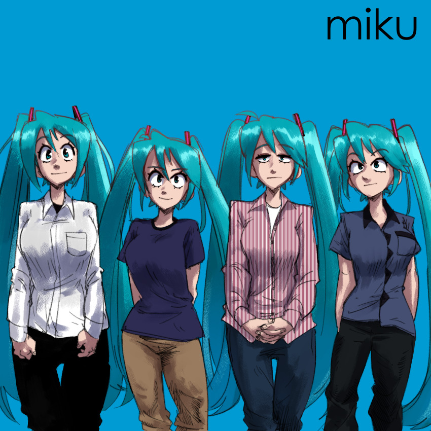 4girls, absurdres, album_cover, album_cover_redraw, aqua_eyes, aqua_hair, arms_behind_back, black_pants, black_shirt, blue_background, breasts, brian_bell, brian_bell_(cosplay), brown_pants, closed_mouth, collared_shirt, commentary, cosplay, cover, derivative_work, feet_out_of_frame, gingrjoke, hair_ornament, hatsune_miku, highres, large_breasts, long_hair, long_sleeves, looking_at_viewer, matt_sharp, matt_sharp_(cosplay), multiple_girls, own_hands_together, pants, parody, patrick_wilson, patrick_wilson_(cosplay), rivers_cuomo, rivers_cuomo_(cosplay), shirt, short_sleeves, simple_background, smile, striped_clothes, striped_shirt, twintails, undershirt, vertical-striped_clothes, vertical-striped_shirt, very_long_hair, vocaloid, weezer_(band), weezer_(blue_album), white_shirt