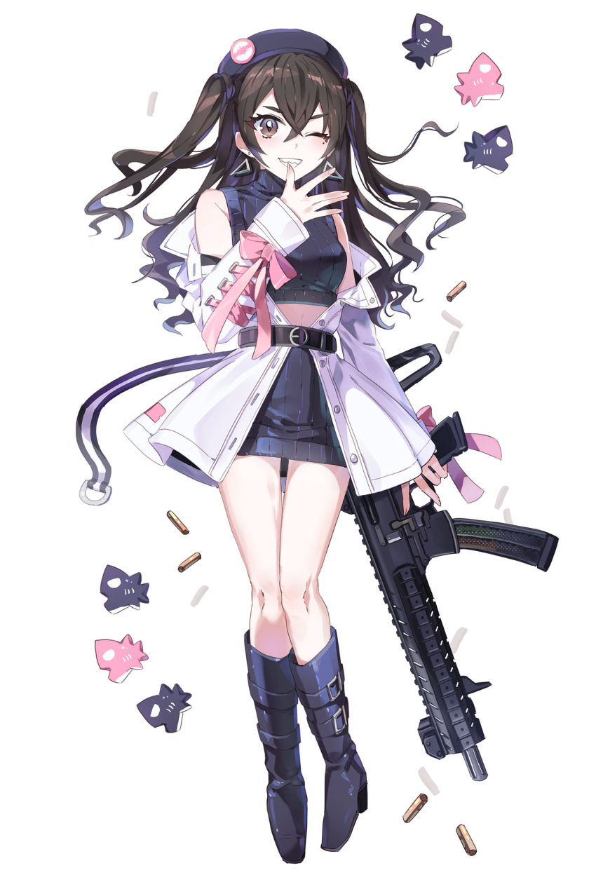 1girl, assault_rifle, bare_shoulders, belt, beret, black_boots, black_hair, black_hat