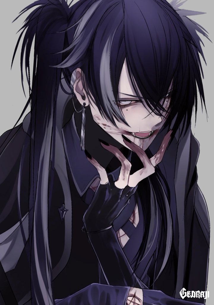 1boy, androgynous, black_nails, blood, blood_on_face, fingerless_gloves, gedraji, gloves