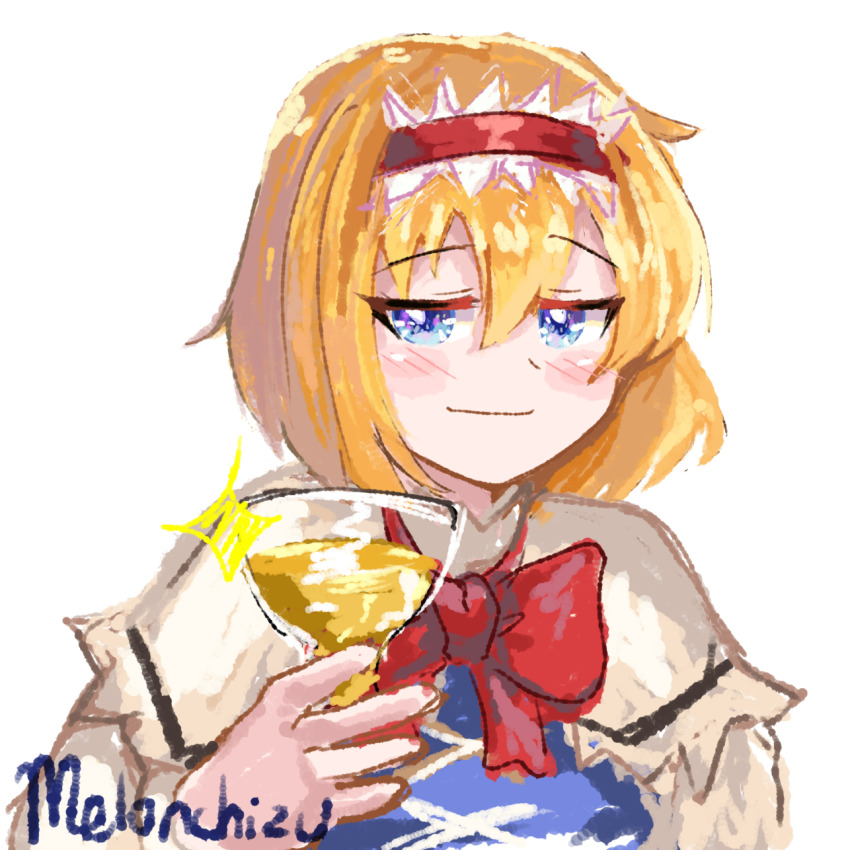 alcohol, alice_margatroid, artist_name, bad_id, bad_pixiv_id, blonde_hair, blue_dress, blue_eyes