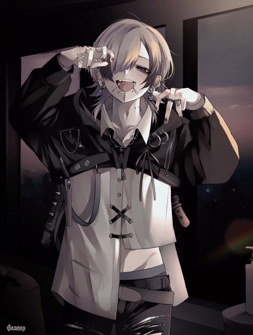 1boy, androgynous, blue_eyes, gedraji, highres, medium_hair, multicolored_hair, original