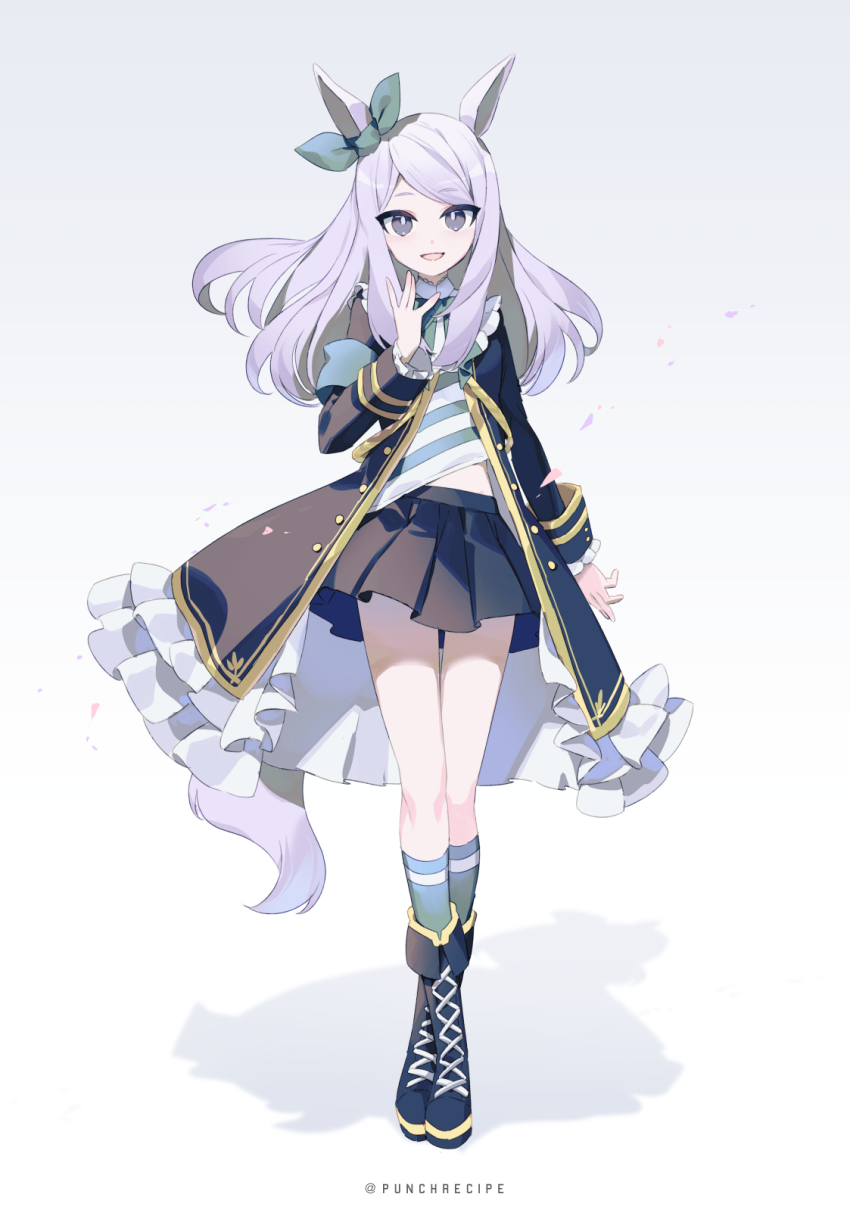 1girl, animal_ears, armband, black_boots, black_coat, black_eyes, black_skirt, boots