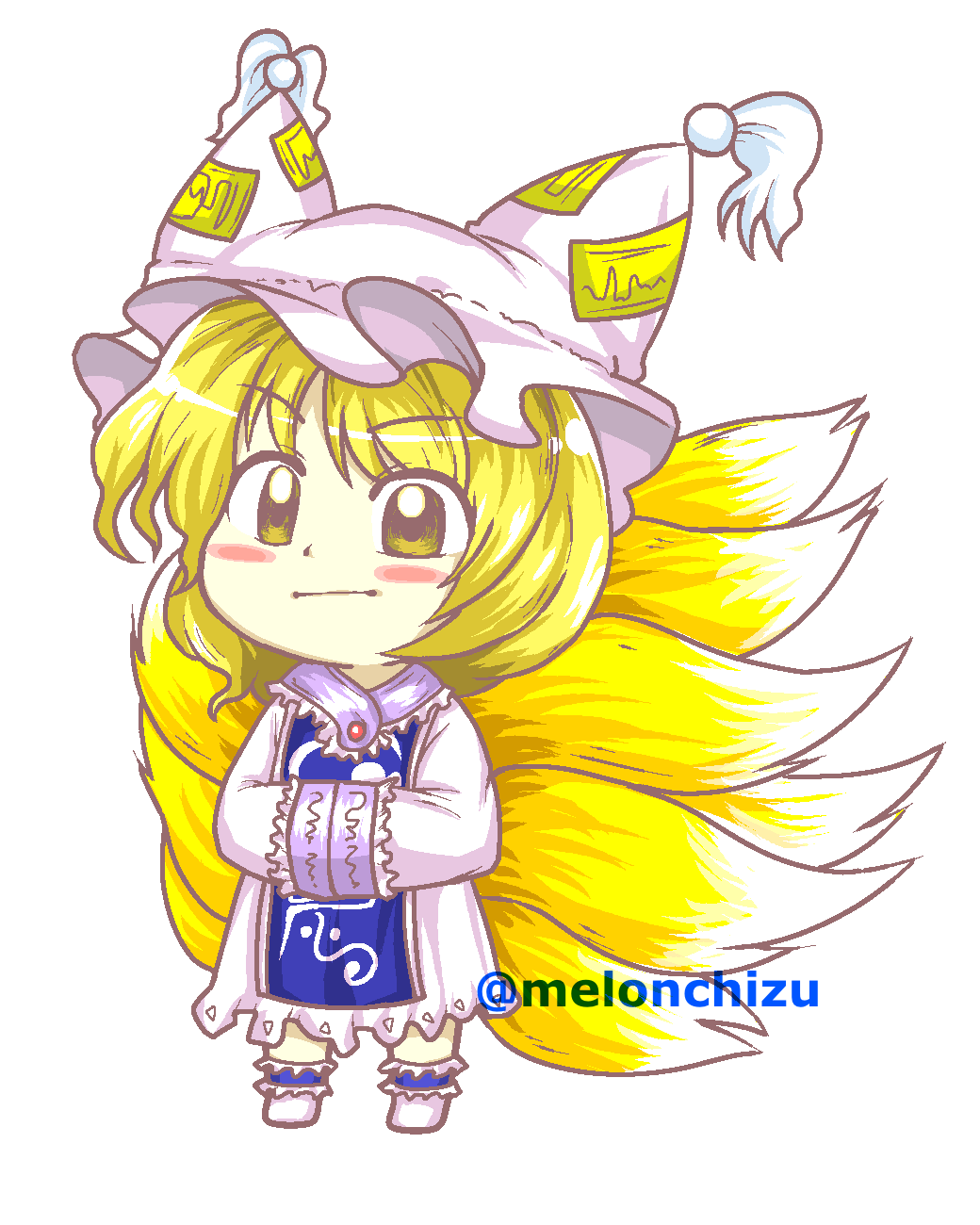 artist_name, bad_id, bad_pixiv_id, blue_tabard, blush, chibi, dress, fox_girl, fox_tail, gyate_gyate, hat, highres, long_sleeves, mob_cap, non-web_source, parody, sleeves_past_fingers, sleeves_past_wrists, socks, soldierburger, style_parody, tabard, tail, touhou, white_dress, white_socks, yakumo_ran, zun_(style)