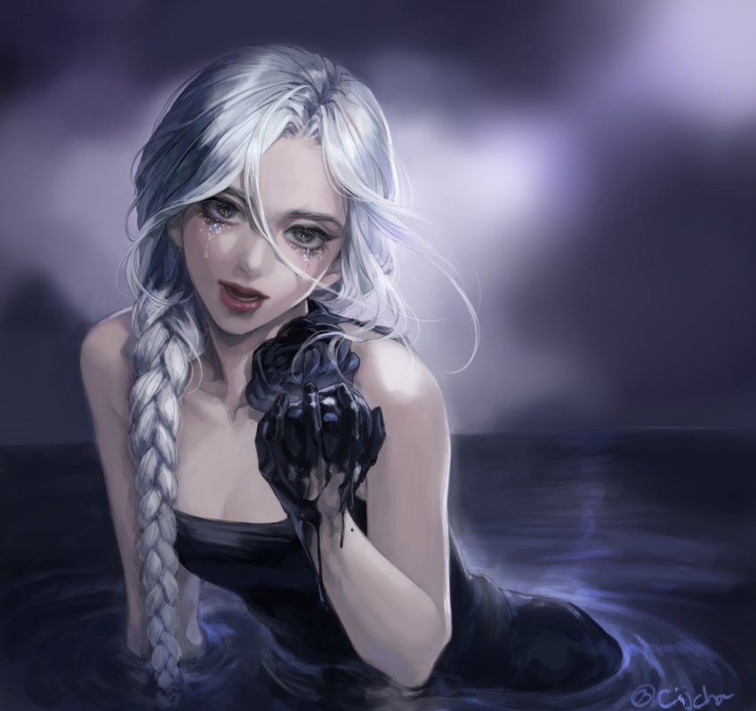1girl, arm_support, artist_name, bare_shoulders, black_dress, black_flower, black_rose, braid, braided_ponytail, breasts, cjjcha, cleavage, copyright_request, dark, dress, floating_hair, flower, grey_eyes, grey_hair, hair_between_eyes, hair_over_shoulder, hand_up, head_tilt, highres, holding, horizon, lips, long_hair, looking_at_viewer, lower_teeth_only, medium_breasts, nose, open_mouth, partially_submerged, red_lips, ripples, rose, simple_background, single_braid, solo, tears, teeth, upper_body, water