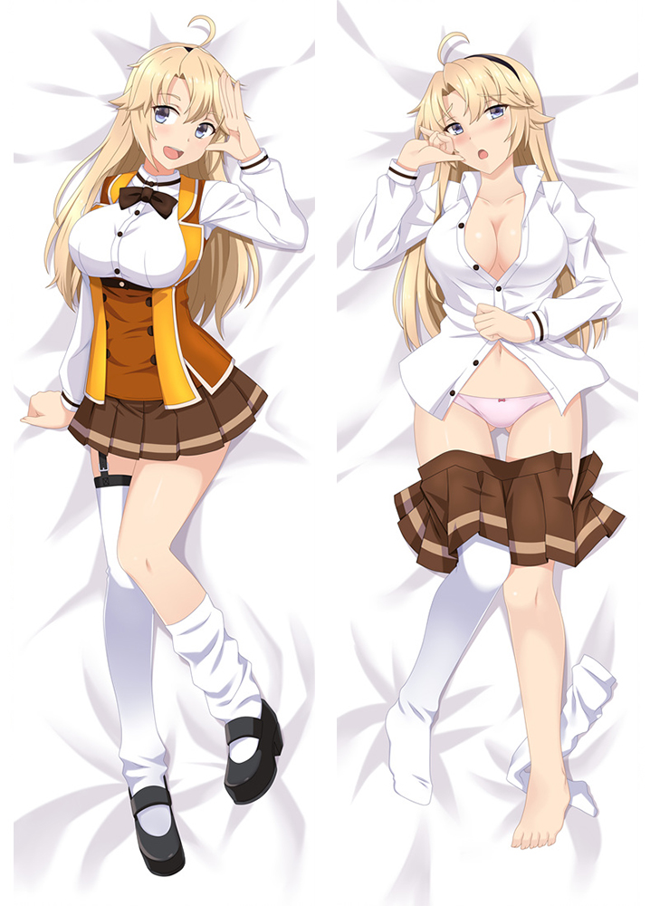 1girl, ahoge, asymmetrical_legwear, black_footwear, black_hairband, blonde_hair, blue_eyes, breasts, brown_skirt, collared_shirt, dakimakura_(medium), garter_straps, hairband, kohagura_ellen, large_breasts, long_hair, long_sleeves, loose_socks, mary_janes, miniskirt, moeanime, orange_vest, osafune_girls_academy_school_uniform, panties, pink_panties, pleated_skirt, school_uniform, shirt, shoes, single_thighhigh, skirt, socks, thighhighs, toji_no_miko, underwear, vest, white_shirt, white_socks, white_thighhighs