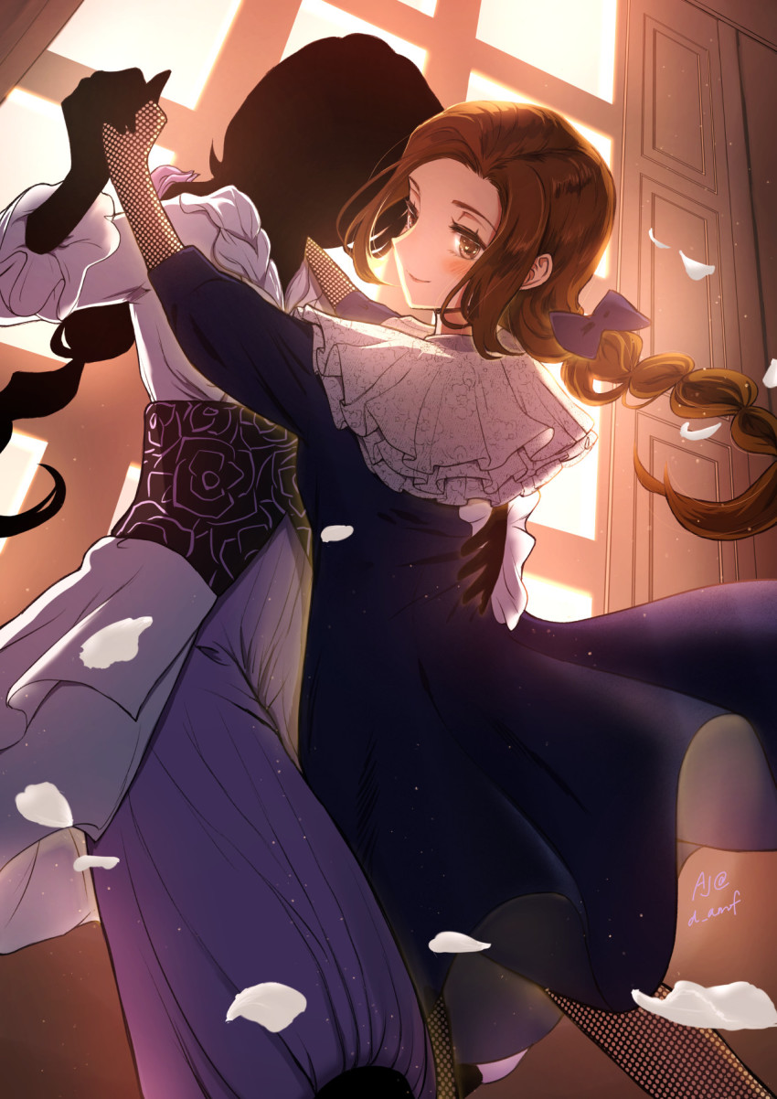 2girls, asksj, blue_bow, blue_dress, blush, bow, braid, brown_eyes