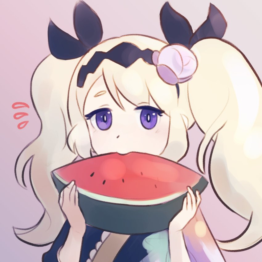 1girl, blonde_hair, covered_mouth, dotpyenji, dragalia_lost, eating, food, fruit, hair_ornament, highres, japanese_clothes, kimono, lathna, long_hair, looking_at_viewer, official_alternate_costume, purple_background, purple_eyes, solo, twintails, upper_body, watermelon