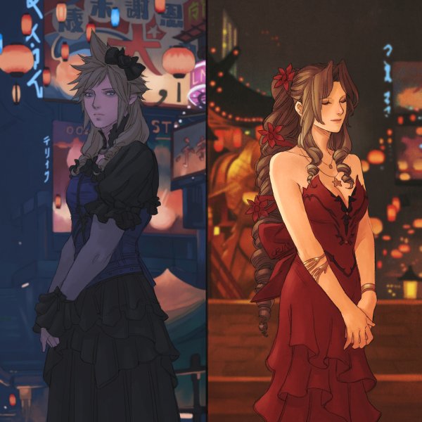 1boy, 1girl, aerith_gainsborough, aerith_gainsborough_(red_dress), armlet, bare_shoulders, black_dress, blonde_hair, blue_corset, bracelet, breasts, brown_hair, cleavage, closed_eyes, cloud_strife, cloud_strife_(blue_dress), corset, cowboy_shot, crimson_sun, crossdressing, dress, final_fantasy, final_fantasy_vii, final_fantasy_vii_remake, fishnet_armwear, flamenco_dress, flower, frilled_dress, frills, hair_flower, hair_ornament, hair_ribbon, jewelry, lantern, long_dress, medium_breasts, multiple_necklaces, necklace, neon_lights, official_alternate_costume, parted_bangs, ponytail, puffy_short_sleeves, puffy_sleeves, red_dress, red_flower, red_ribbon, ribbon, ringlets, short_sleeves, sidelocks, spiked_hair, square_enix, strapless, strapless_dress, v_arms, wall_market, wavy_hair