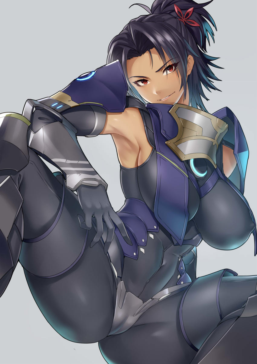 1girl, armor, armpits, ashera_(xenoblade), black_hair, bodysuit, breasts, covered_erect_nipples, covered_navel, dark-skinned_female, dark_skin, elbow_gloves, gloves, grin, hair_ornament, highres, large_breasts, looking_at_viewer, medium_hair, miga_(migao), ponytail, red_eyes, shoulder_armor, sitting, skin_tight, smile, teeth, weapon, xenoblade_chronicles_(series), xenoblade_chronicles_3