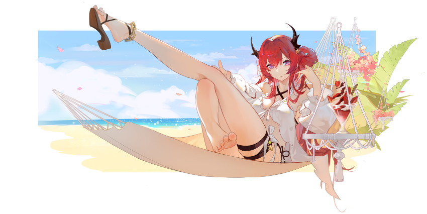 1girl, absurdres, acr_(dash), arknights, barefoot, bikini, black_bikini, burnt_clothes, criss-cross_halter, demon_girl, demon_horns, feet, hair_ornament, hair_rings, halterneck, highres, horns, incredibly_absurdres, long_hair, looking_at_viewer, official_alternate_costume, purple_eyes, red_hair, sandals, shoes, soles, star_(symbol), star_hair_ornament, surtr_(arknights), surtr_(colorful_wonderland)_(arknights), swimsuit, swimsuit_cover-up, thigh_strap, toes