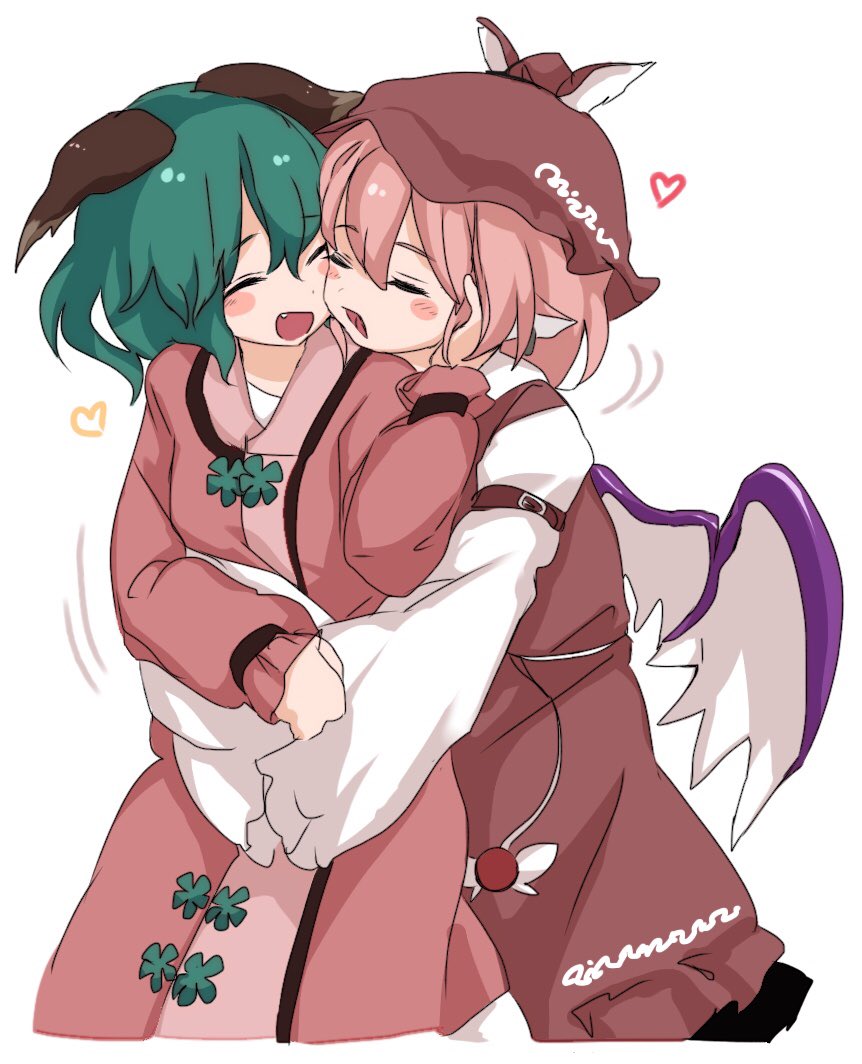 2girls, animal_ears, bad_id, bad_twitter_id, bird_ears, bird_wings, blush, brown_dress