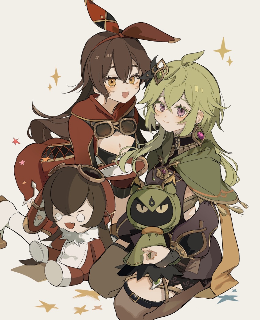 2girls, ahoge, amber_(100%_outrider)_(genshin_impact), amber_(genshin_impact), baron_bunny_(genshin_impact), blush, breasts, bridal_gauntlets