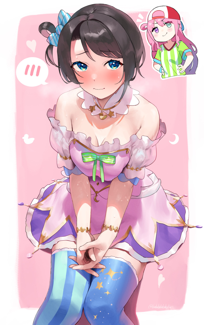 2girls, aqua_eyes, bare_shoulders, baseball_cap, black_hair, blush, breasts, cleavage, cosplay, costume_switch, dress, embarrassed, frikulu, hair_rings, hat, heterochromia, highres, himemori_luna, himemori_luna_(1st_costume), himemori_luna_(cosplay), hololive, long_hair, medium_breasts, multiple_girls, oozora_subaru, oozora_subaru_(cosplay), pink_hair, purple_eyes, shirt, short_hair, single_hair_ring, sitting, solo_focus, striped_clothes, striped_shirt, sweat, t-shirt, thighhighs, vertical-striped_clothes, vertical-striped_shirt, virtual_youtuber, zettai_ryouiki