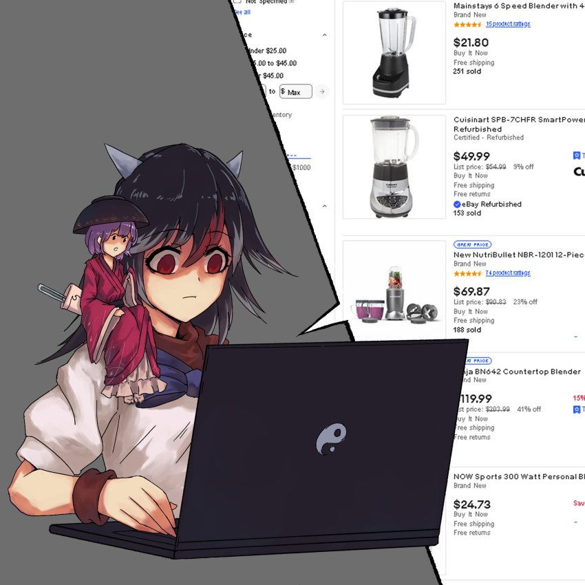 2girls, black_hair, blender_(object), blue_bow, blue_bowtie, bow, bowl, bowl_hat, bowtie, breasts, closed_mouth, computer, dollar_sign, ebay, empty_eyes, english_text, full_body, grey_background, grey_horns, hair_between_eyes, hat, highres, horns, impending_doom, japanese_clothes, kijin_seija, kimono, laptop, long_sleeves, looking_at_screen, medium_hair, mini_person, minigirl, multicolored_hair, multiple_girls, open_mouth, puffy_sleeves, purple_hair, red_eyes, red_hair, red_kimono, shirt, short_hair, sitting, sitting_on_shoulder, sleeves_past_wrists, small_breasts, solid_oval_eyes, streaked_hair, sukuna_shinmyoumaru, tierra_misu, touhou, upper_body, white_shirt, wide_sleeves, wristband